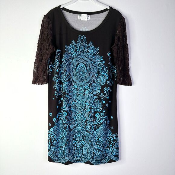 Lady Noiz Dress Women L Brown Turquoise Embellished Bling 3/4 Lace Slv Bohemian - Picture 1 of 8